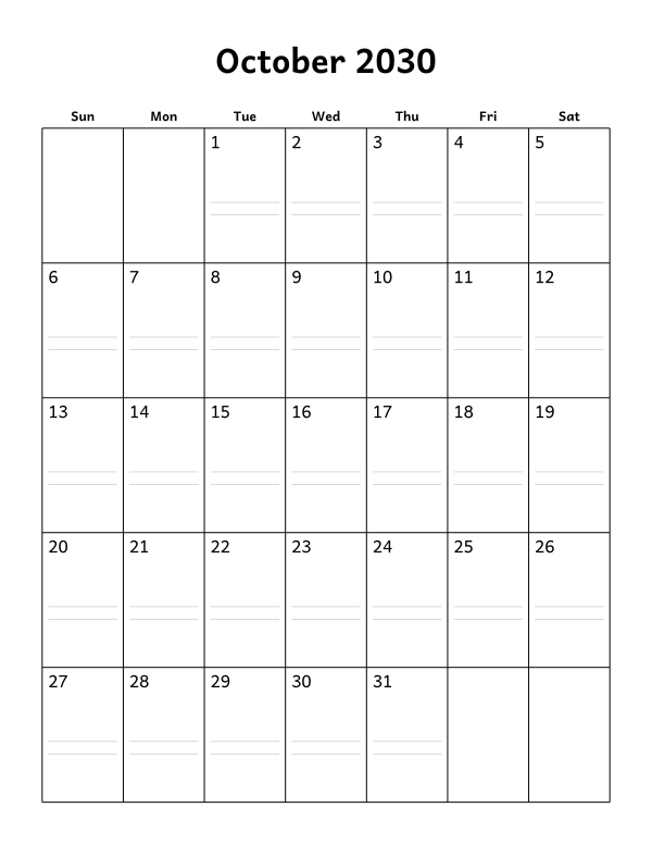 Printable October 2030 calendar, notes layout, week starting Sunday
