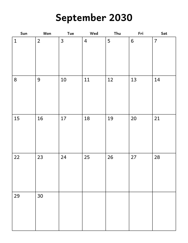 Printable September 2030 calendar, blank layout, week starting Sunday