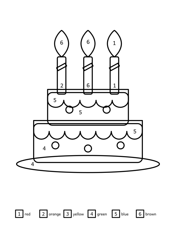 Birthday cake color by number: a two-tier cake with scalloped frosting on a plate, three lit candles on top divided into 43 numbered areas