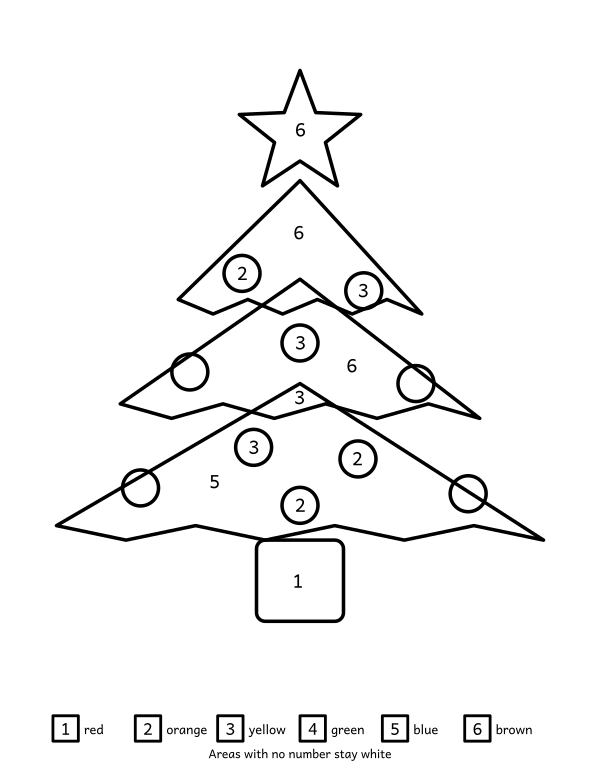 Christmas tree color by number: a three-tier tree with a star on top and round ornaments divided into 25 enclosed areas with a six-colour key