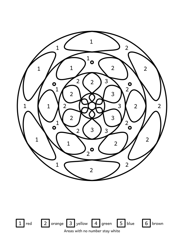 circle mandala color by number, 55 enclosed areas with a six-colour key, black outlines on white
