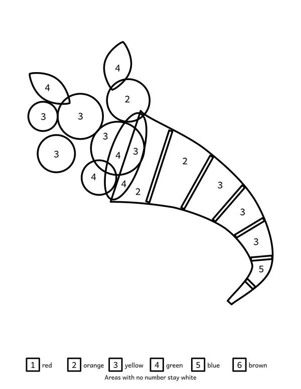 Cornucopia color by number: a curling woven horn with round fruit spilling from its mouth divided into 40 enclosed areas with a six-colour key