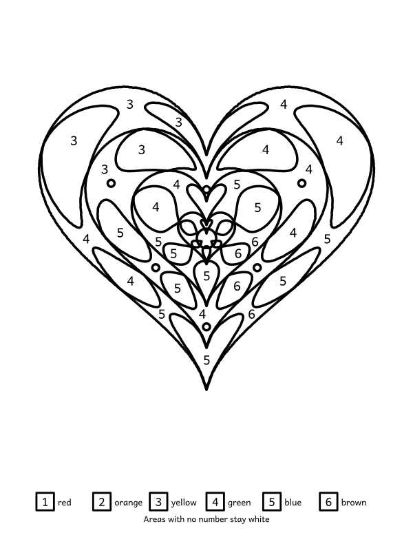 heart mandala color by number, 52 enclosed areas with a six-colour key, black outlines on white