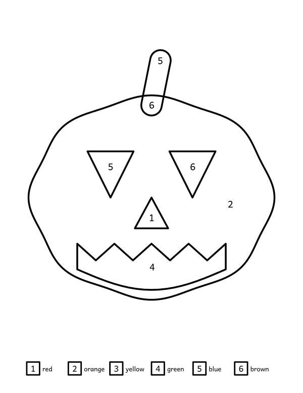 Jack-o-lantern color by number: a ribbed pumpkin with a curled stem, triangular eyes and a wide toothy grin divided into 13 numbered areas