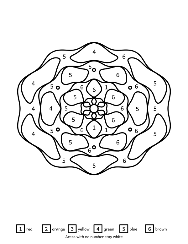 pumpkin mandala color by number, 55 enclosed areas with a six-colour key, black outlines on white
