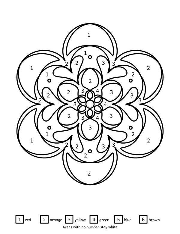 snowflake mandala color by number, 55 enclosed areas with a six-colour key, black outlines on white