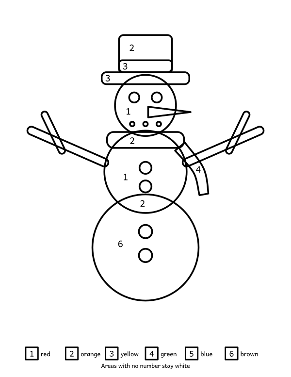Snowman color by number: a three-ball snowman in a top hat and scarf, with twig arms and a carrot nose divided into 39 enclosed areas with a six-colour key
