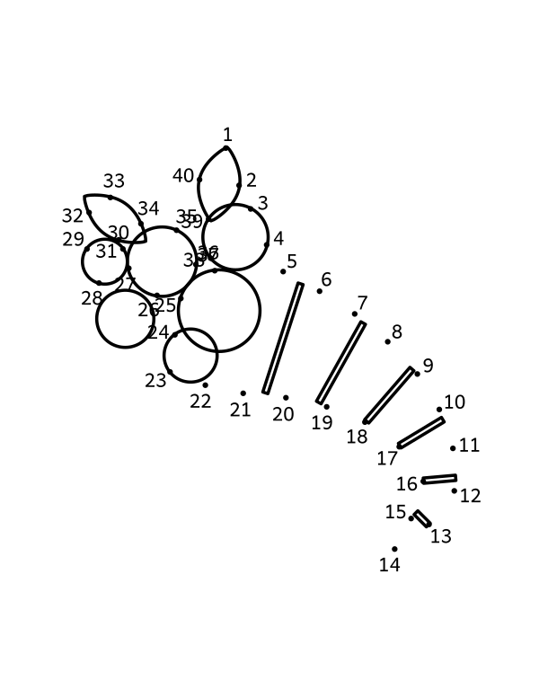 Cornucopia dot to dot: 40 numbered dots around a curling woven horn with round fruit spilling from its mouth