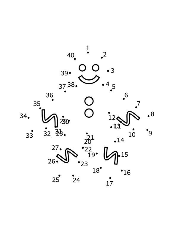Gingerbread man dot to dot: 40 numbered dots around a gingerbread figure with piped icing on its arms and legs, two buttons and a smile