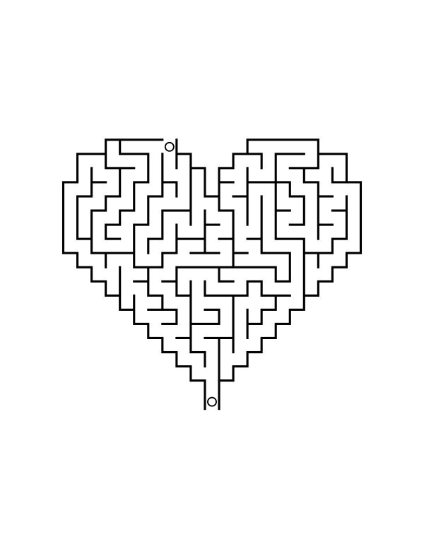 heart shaped maze, 249 squares with one route from the opening at the top to the opening at the bottom