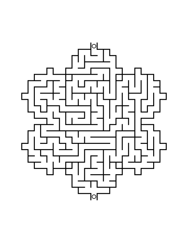 snowflake shaped maze, 363 squares with one route from the opening at the top to the opening at the bottom