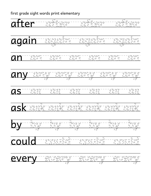 First grade sight words tracing worksheet, print, 41 words with dashed trace letters on a three-line guide