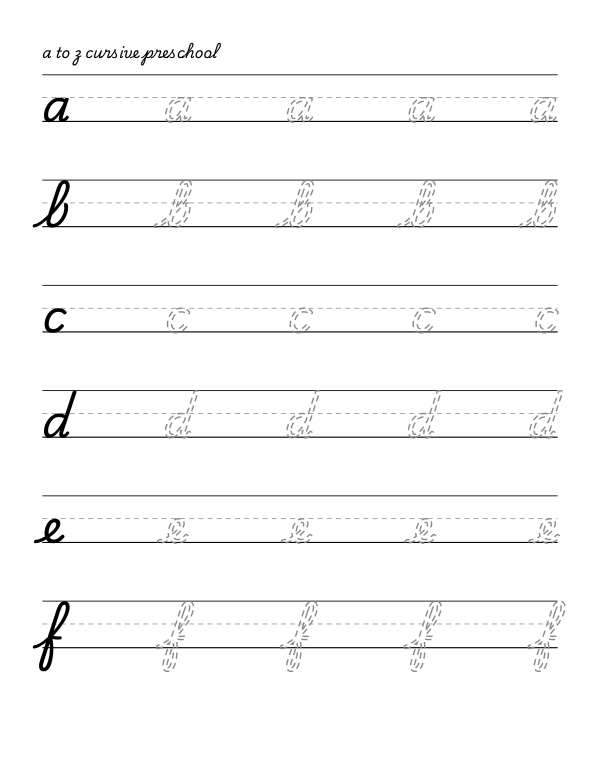 cursive handwriting tracing worksheet, the 26 lower-case letters, dashed guide letters, 0.66 inch line height
