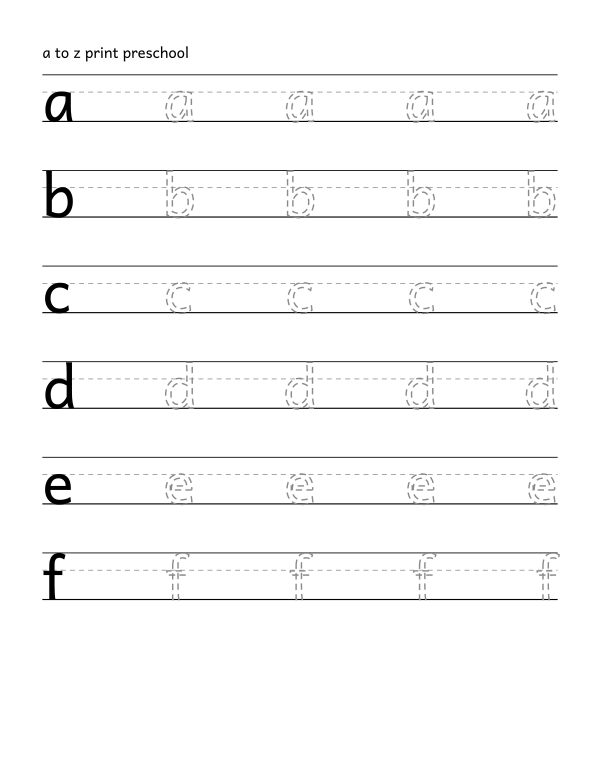 print handwriting tracing worksheet, the 26 lower-case letters, dashed guide letters, 0.66 inch line height