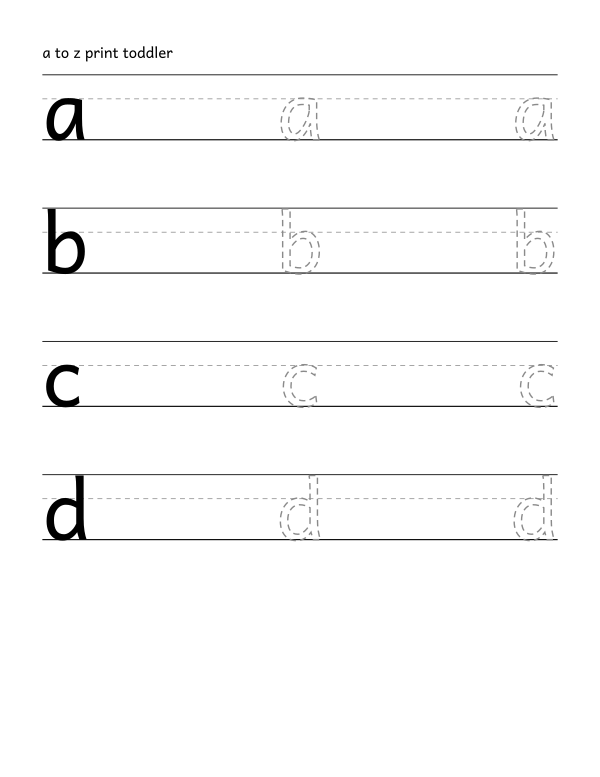 print handwriting tracing worksheet, the 26 lower-case letters, dashed guide letters, 0.92 inch line height