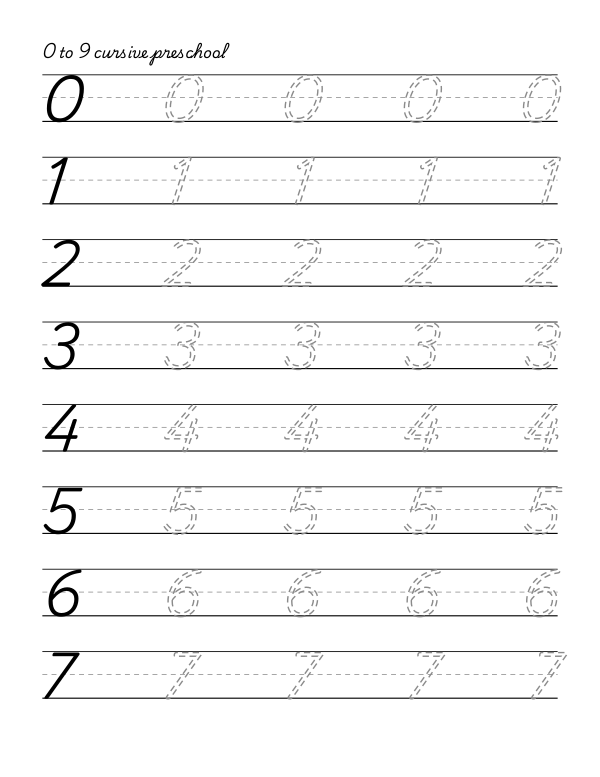 cursive handwriting tracing worksheet, the digits 0 to 9, dashed guide letters, 0.66 inch line height