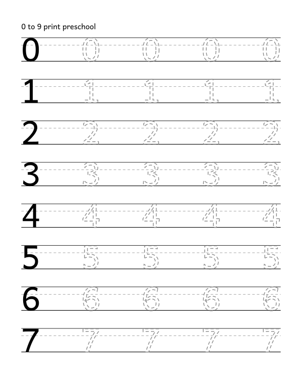print handwriting tracing worksheet, the digits 0 to 9, dashed guide letters, 0.66 inch line height