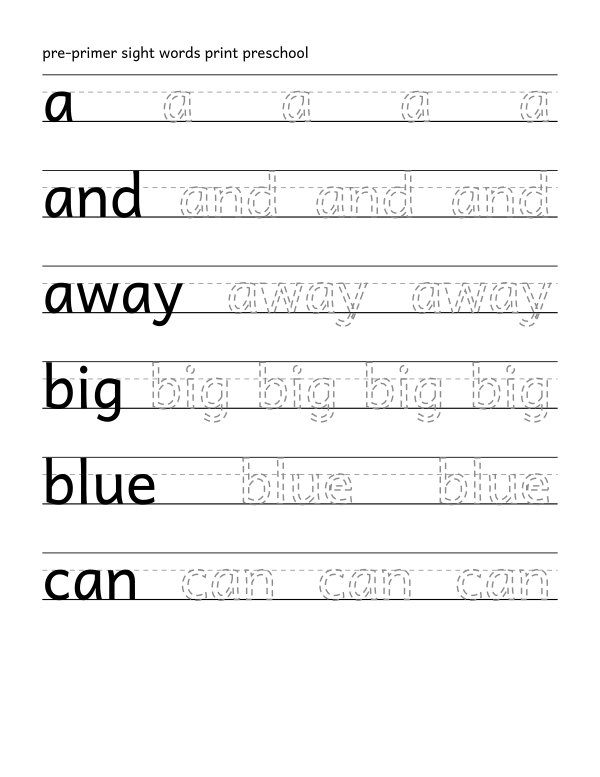 Pre-primer sight words tracing worksheet, print, 40 words with dashed trace letters on a three-line guide