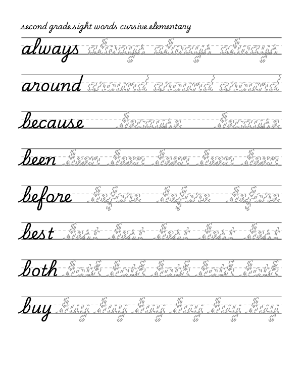 Second grade sight words tracing worksheet, cursive, 45 words with dashed trace letters on a three-line guide