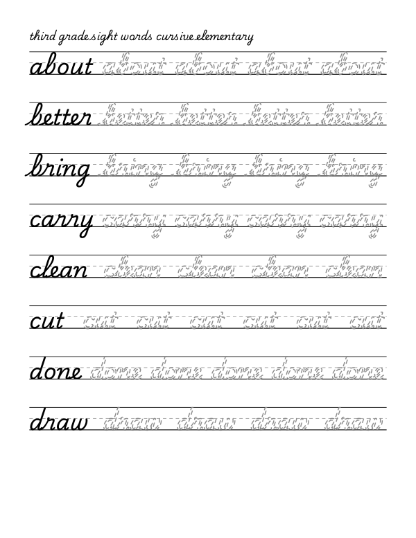 Third grade sight words tracing worksheet, cursive, 41 words with dashed trace letters on a three-line guide