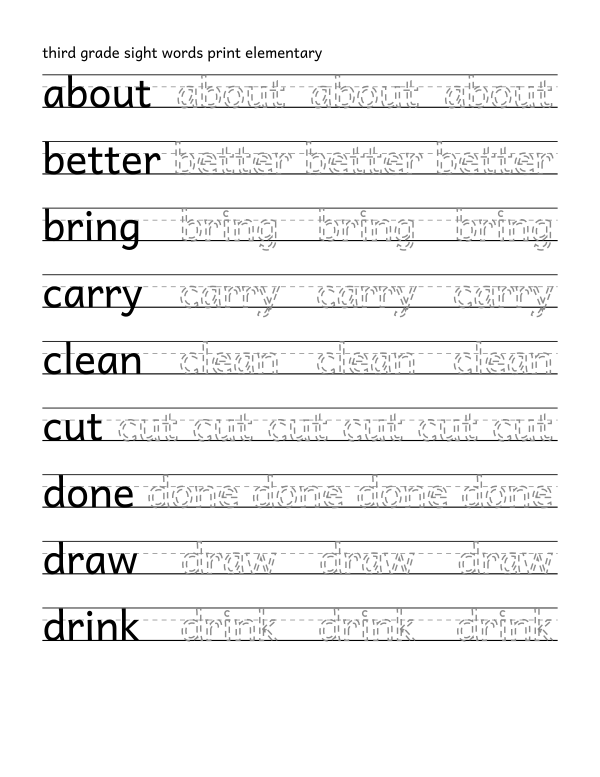Third grade sight words tracing worksheet, print, 41 words with dashed trace letters on a three-line guide