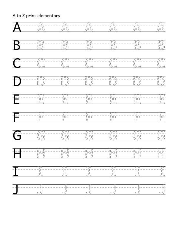 print handwriting tracing worksheet, the 26 capital letters, dashed guide letters, 0.46 inch line height
